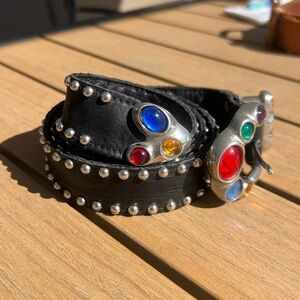 Vintage 80s Studded Black Belt with Multicolor Gem Accents